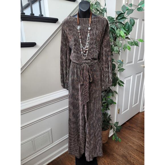 Lane Bryant Jumpsuit Women Size 26/28 Brown Metallic Wide Leg Long Sleeve Belted - Picture 1 of 14